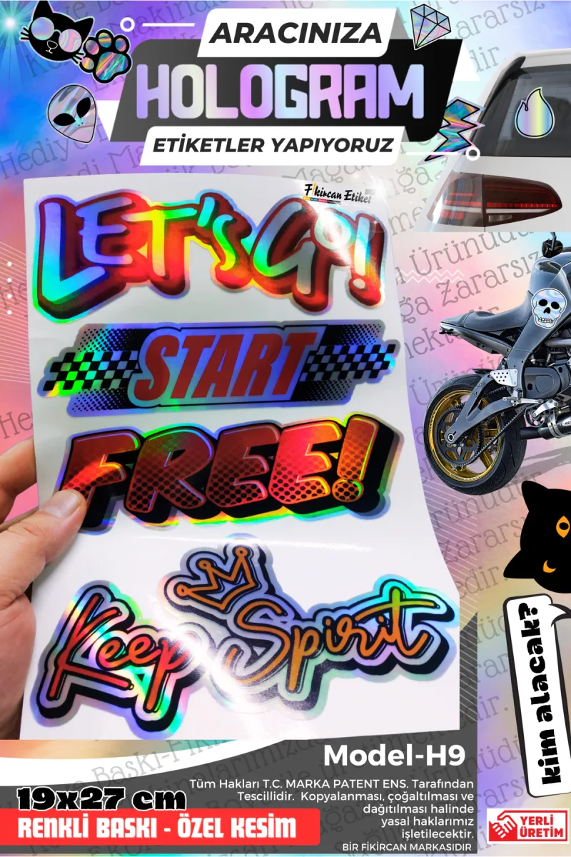 Fikircan-Hologram Etiket- Araba ve Motorsiklet Cam ve Kaporta Uyumlu Renkli Baskı Özel Kesim Sticker — fotoğraf 1
