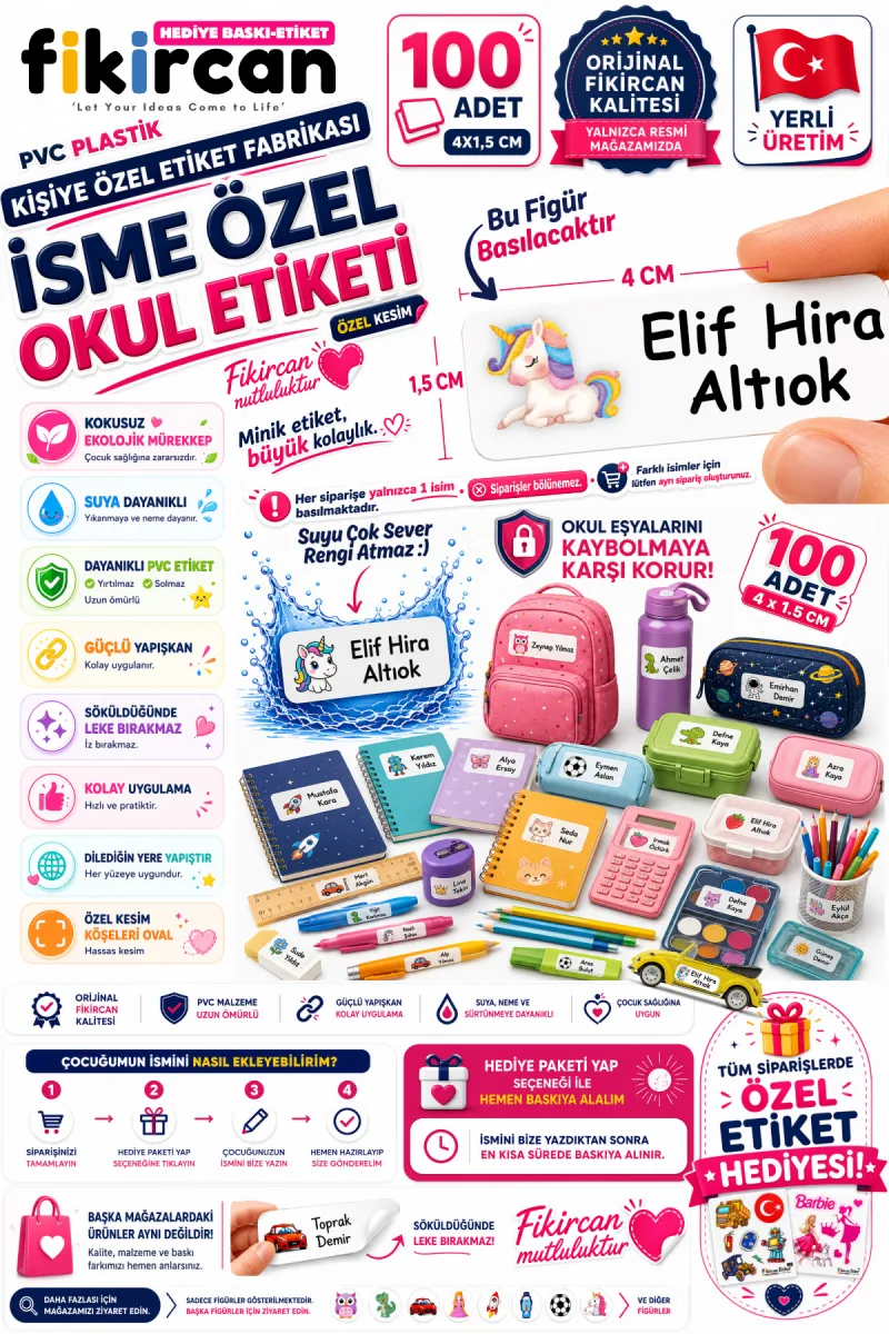 İsme Özel Okul Etiketi - 100 Adet - 1.5 x 4 cm - PVC Etiket - FİGÜR 8 — fotoğraf 1