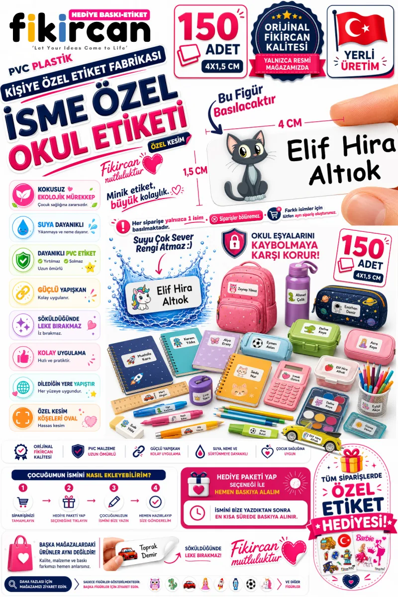 İsme Özel Okul Etiketi - 150 Adet - 1.5 x 4 cm - PVC Etiket - FİGÜR 84