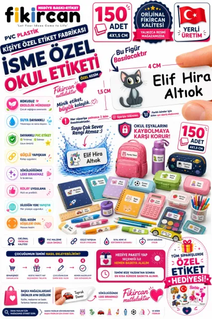 İsme Özel Okul Etiketi - 150 Adet - 1.5 x 4 cm - PVC Etiket - FİGÜR 84