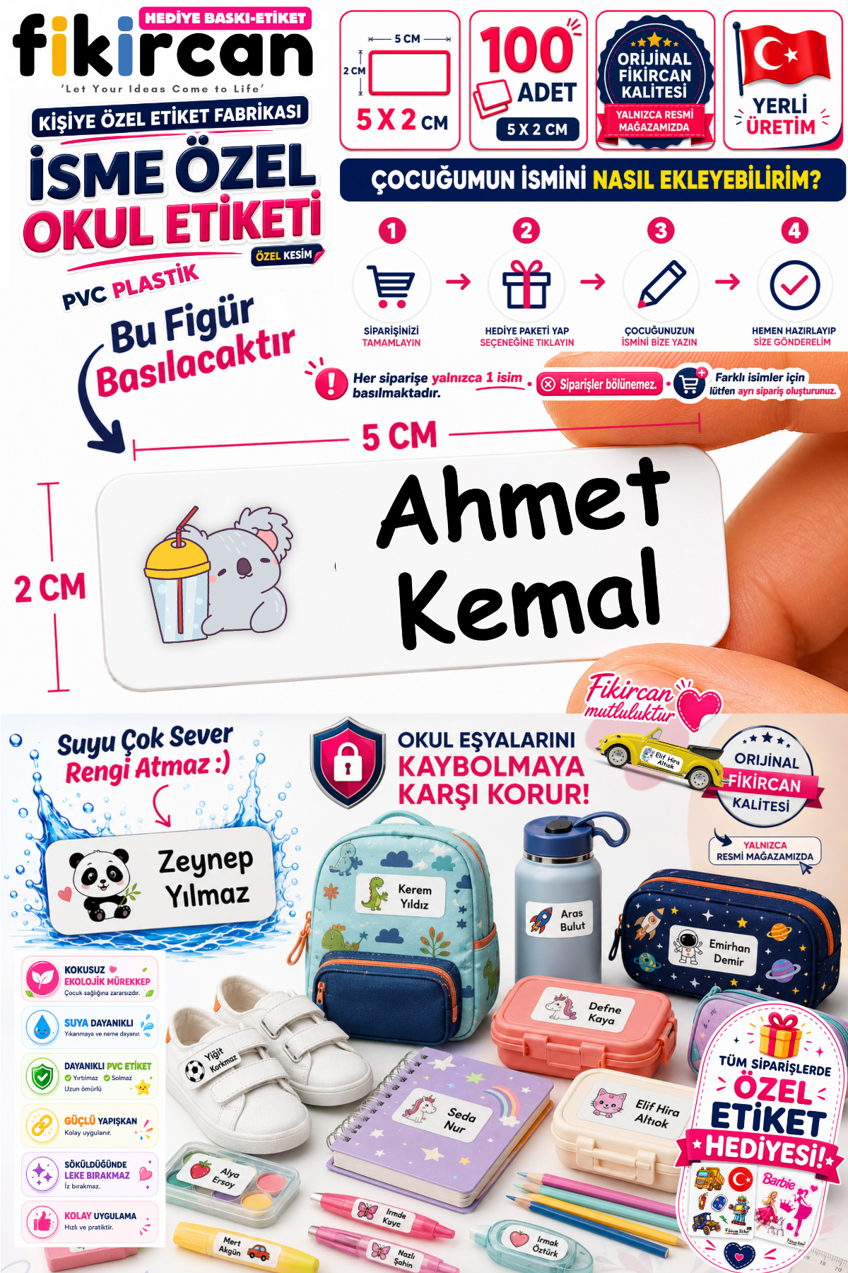 İsme Özel Okul Etiketi - 100 Adet - 5 x 2 cm - PVC Etiket - FİGÜR 67