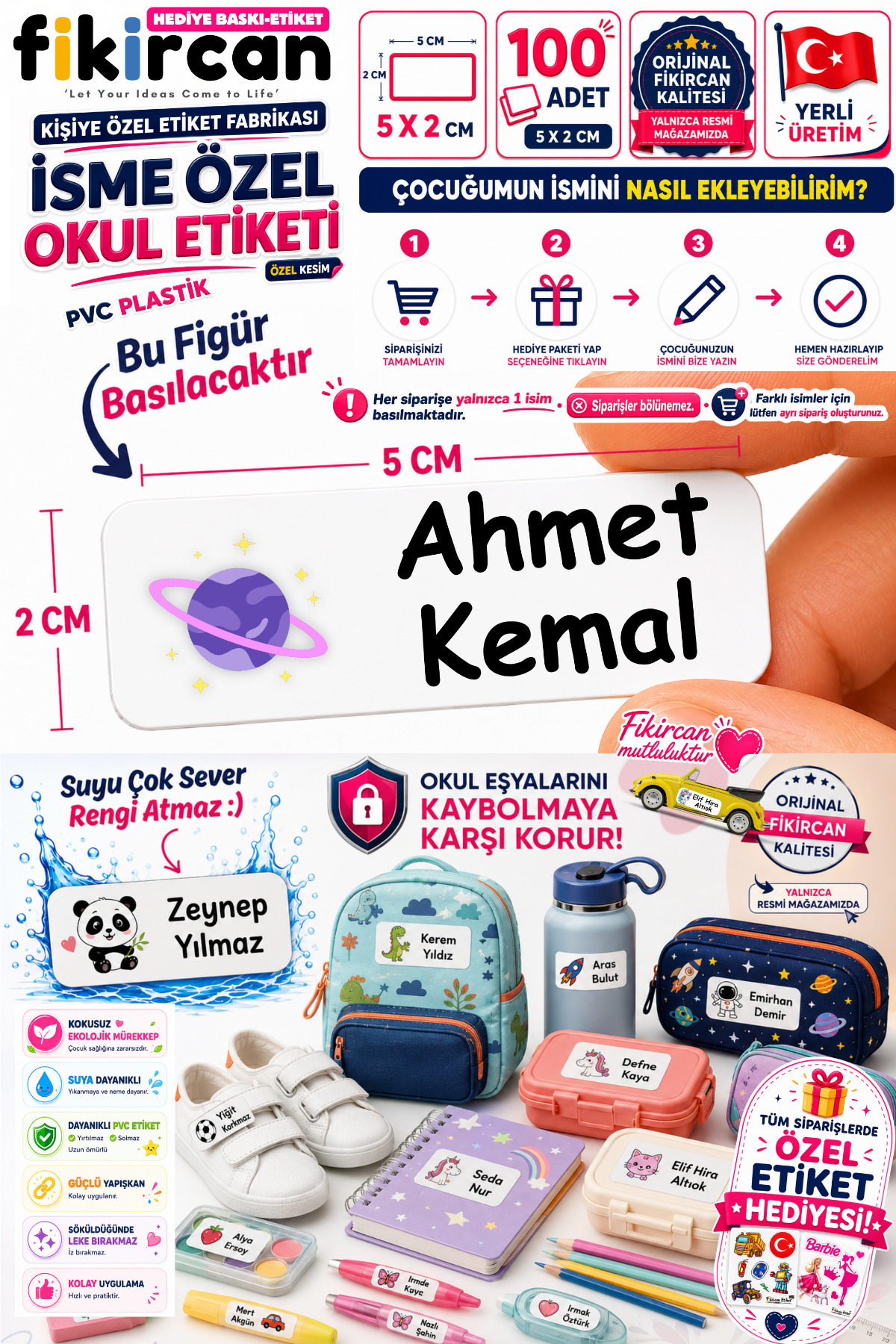Isme Ozel Okul Etiketi - 100 Adet - 5 x 2 cm - PVC Etiket - FİGÜR 11