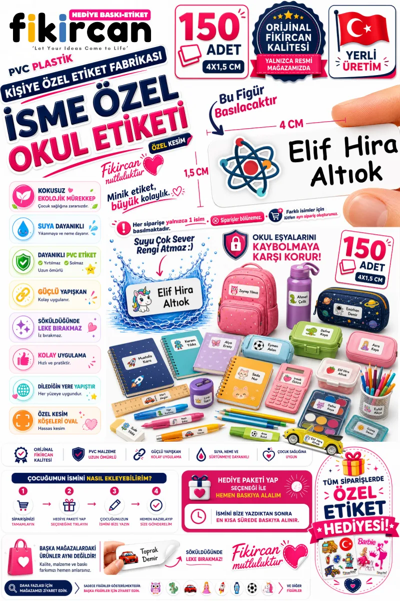 İsme Özel Okul Etiketi - 150 Adet - 1.5 x 4 cm - PVC Etiket - FİGÜR 88