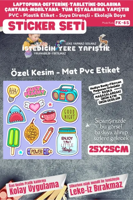 Fikircan Etiket Seti 25x25cm Pvc Sticker -Defter-Laptop-Tablet-Telefon-Dolap-Cam vb Her yere Yapışır