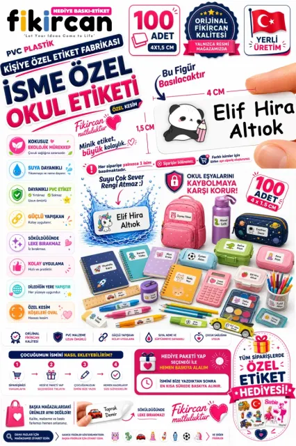 İsme Özel Okul Etiketi - 100 Adet - 1.5 x 4 cm - PVC Etiket - FİGÜR 65