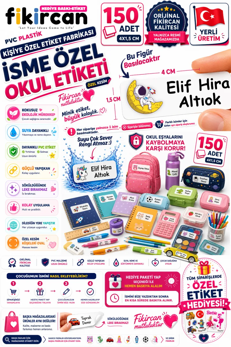 İsme Özel Okul Etiketi - 150 Adet - 1.5 x 4 cm - PVC Etiket - FİGÜR 10