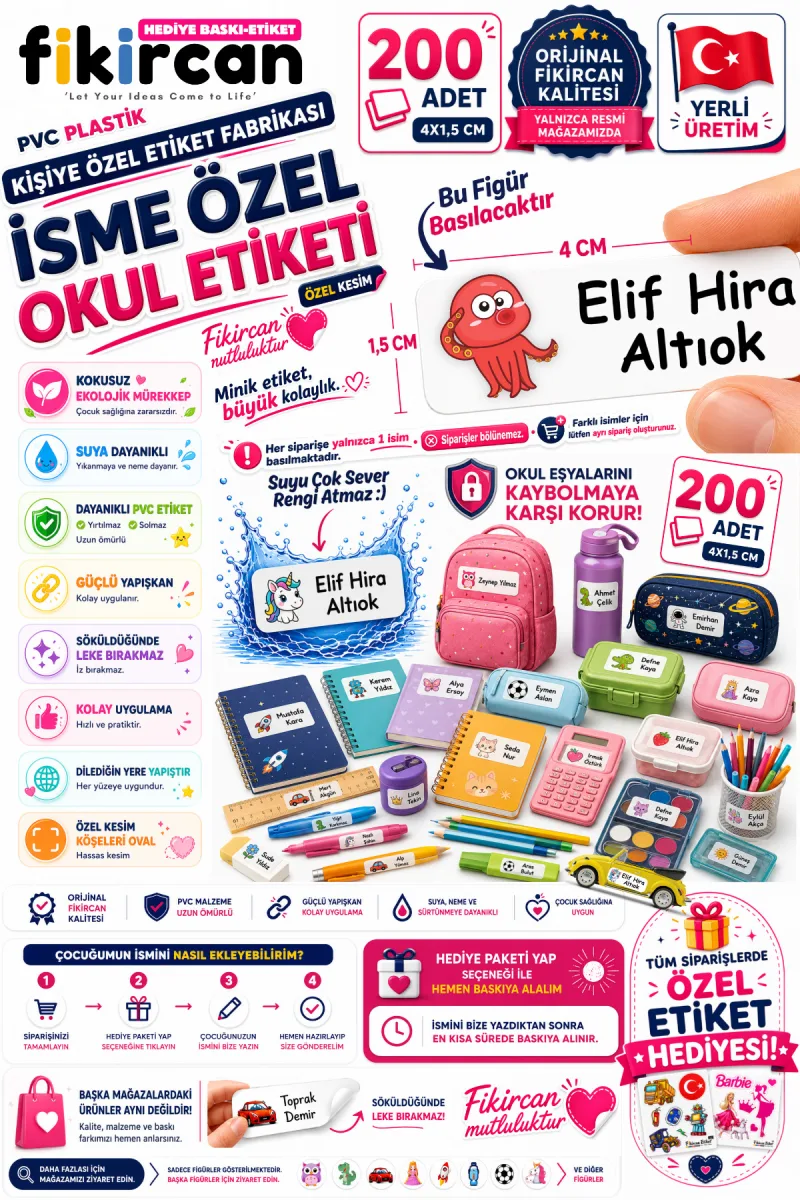İsme Özel Okul Etiketi - 200 Adet - 1.5 x 4 cm - PVC Etiket - FİGÜR 121 1453260717274