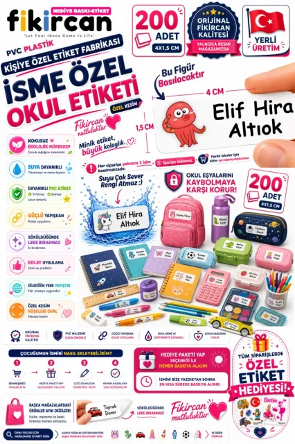 İsme Özel Okul Etiketi - 200 Adet - 1.5 x 4 cm - PVC Etiket - FİGÜR 121 1453260717274