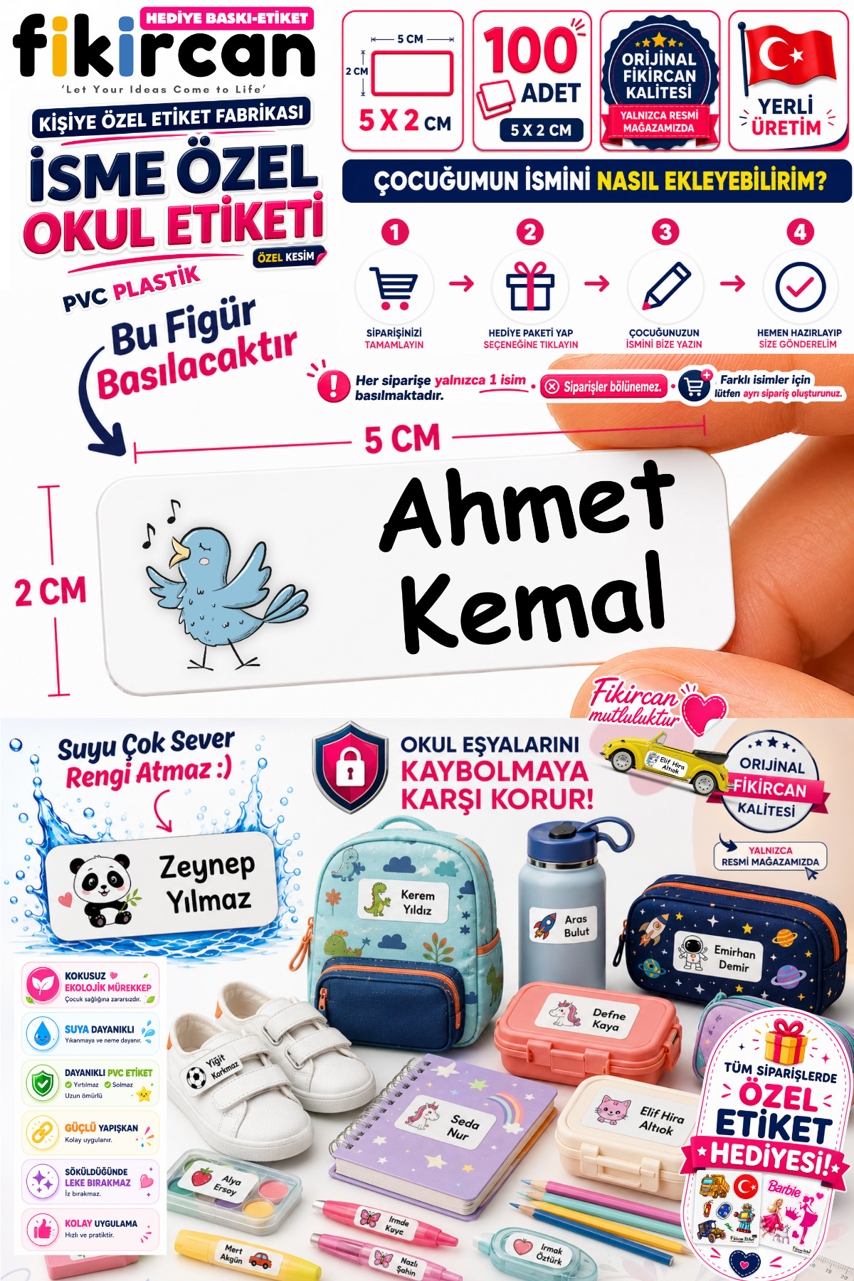 Isme Ozel Okul Etiketi - 100 Adet - 5 x 2 cm - PVC Etiket - FİGÜR 53