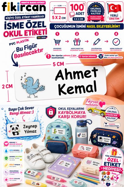 Isme Ozel Okul Etiketi - 100 Adet - 5 x 2 cm - PVC Etiket - FİGÜR 53