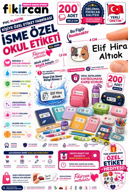 İsme Özel Okul Etiketi - 200 Adet - 1.5 x 4 cm - PVC Etiket - FİGÜR 4 1453260718275