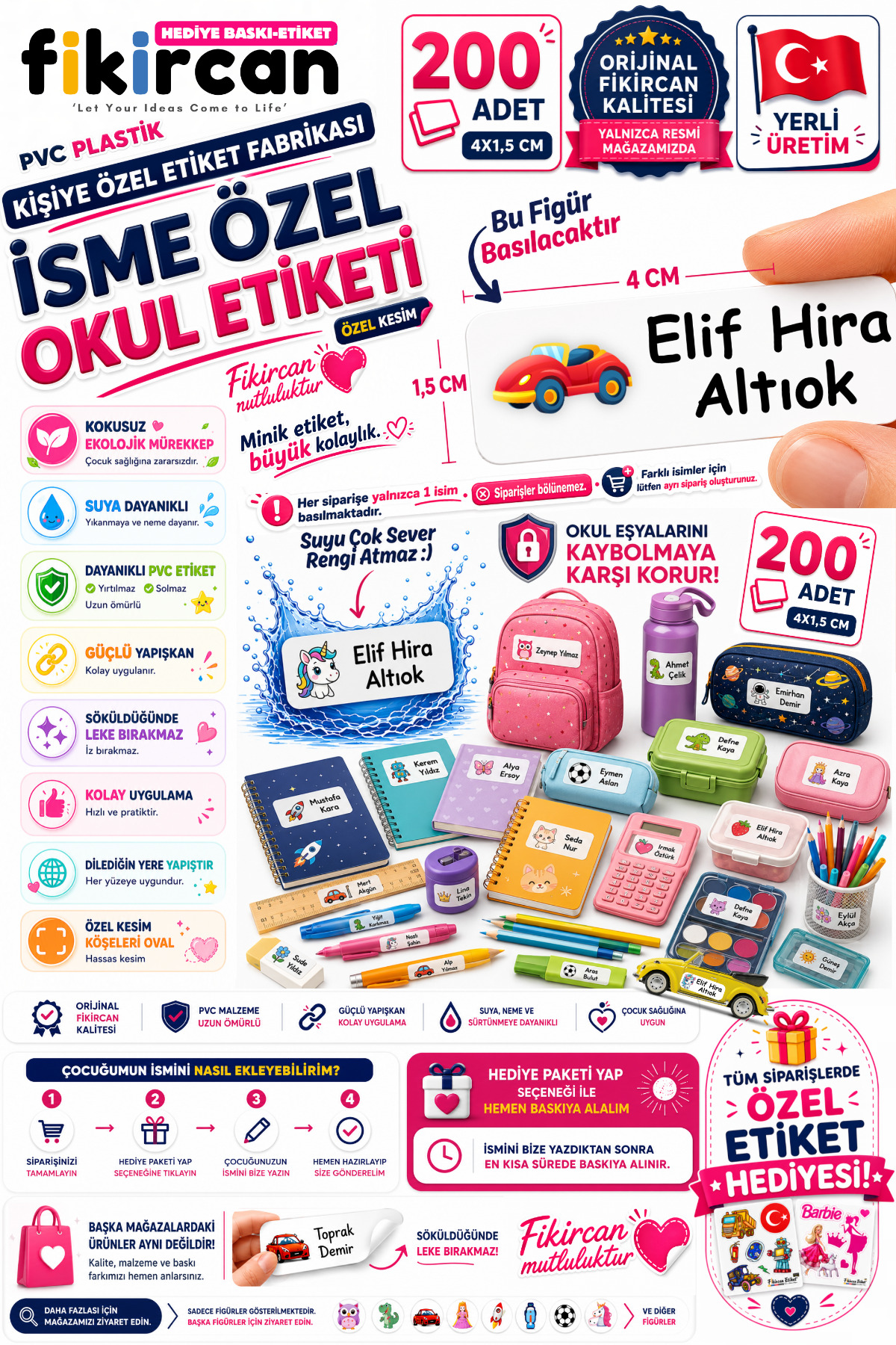 İsme Özel Okul Etiketi - 200 Adet - 1.5 x 4 cm - PVC Etiket - FİGÜR 77 1453260718234
