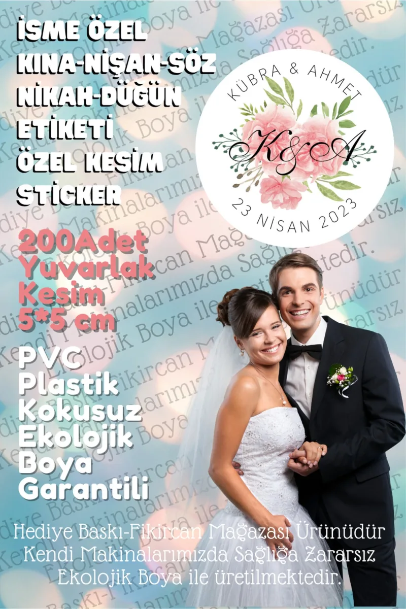 - Kişiye Özel Kına-nişan-söz-nikah-düğün Etiketi- Sticker 200 Adet 5cm Özel Kesim Plastik — fotoğraf 1