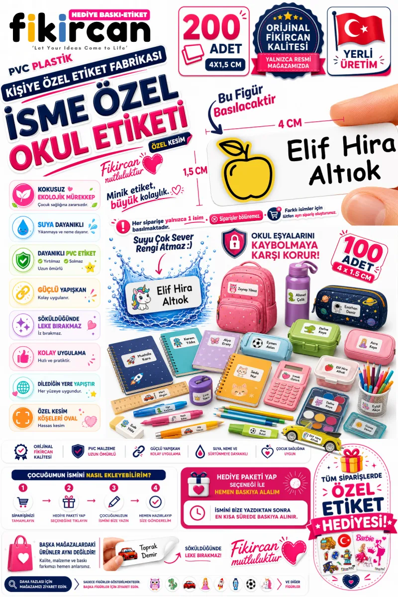 İsme Özel Okul Etiketi - 200 Adet - 1,5 x 4 cm - PVC Etiket - - FİGÜR 109 — fotoğraf 1