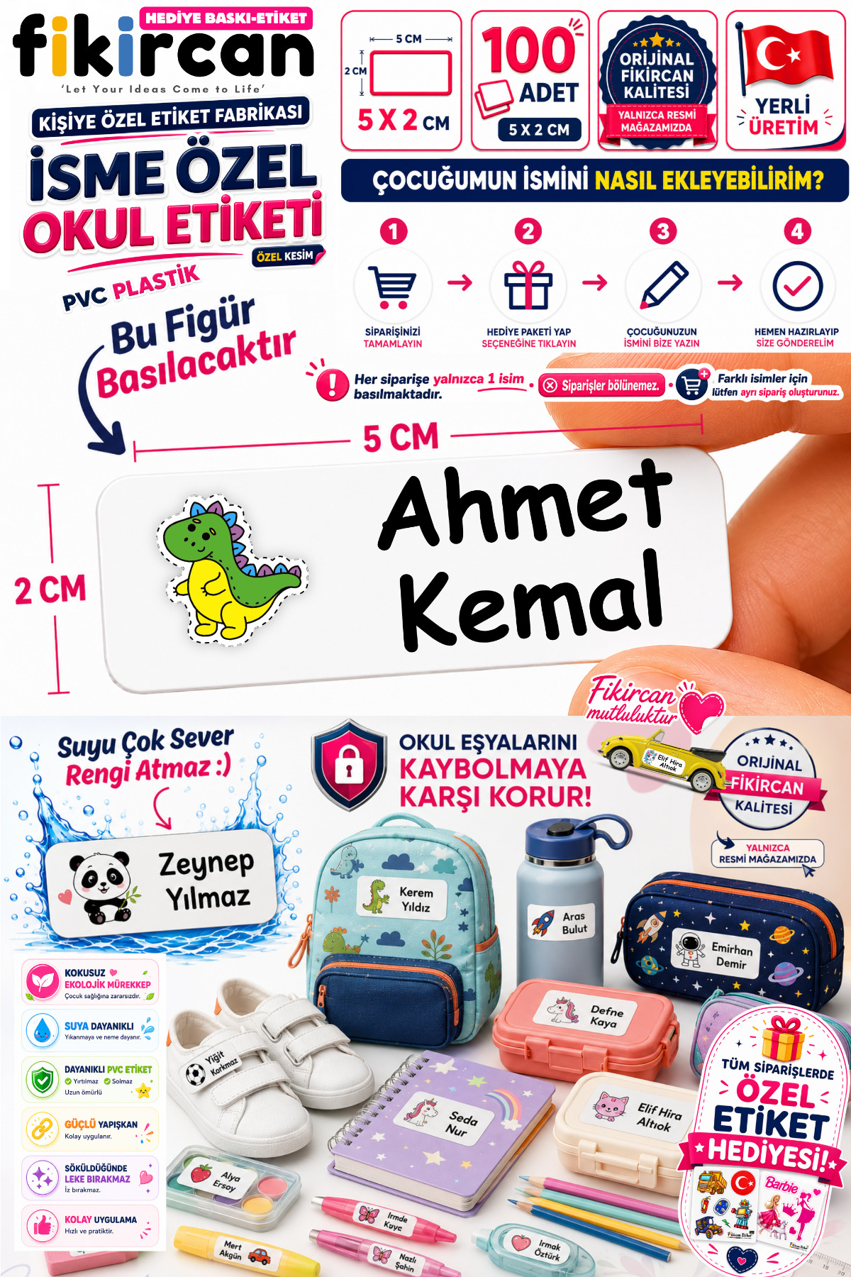 İsme Özel Okul Etiketi - 100 Adet - 5 x 2cm - PVC Etiket - FİGÜR 1