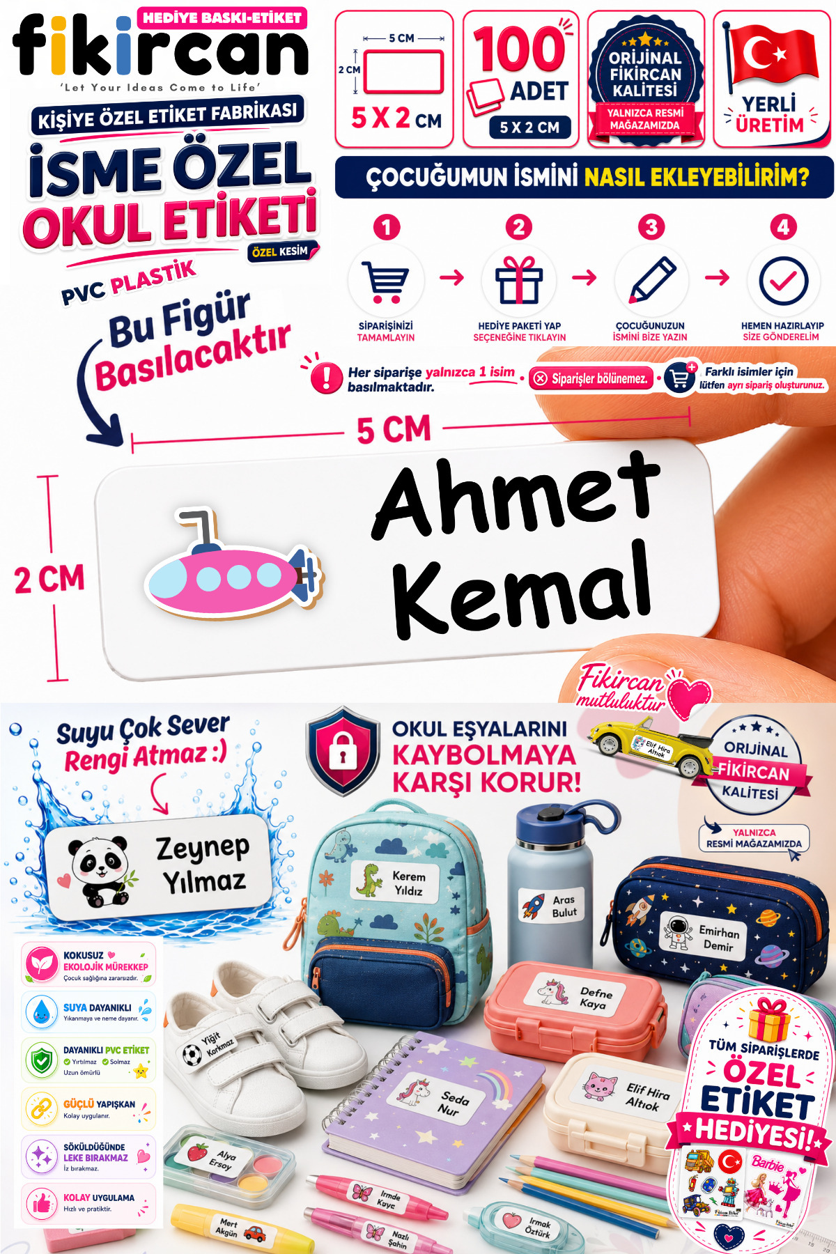 İsme Özel Okul Etiketi - 100 Adet - 5 x 2 cm - PVC Etiket - FİGÜR 126