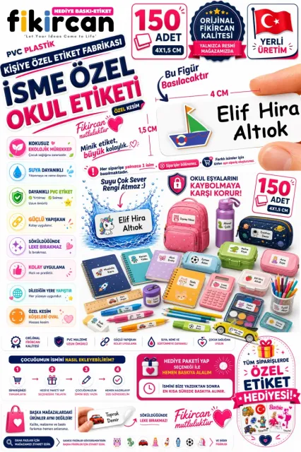 İsme Özel Okul Etiketi - 150 Adet - 1.5 x 4 cm - PVC Etiket - FİGÜR 125