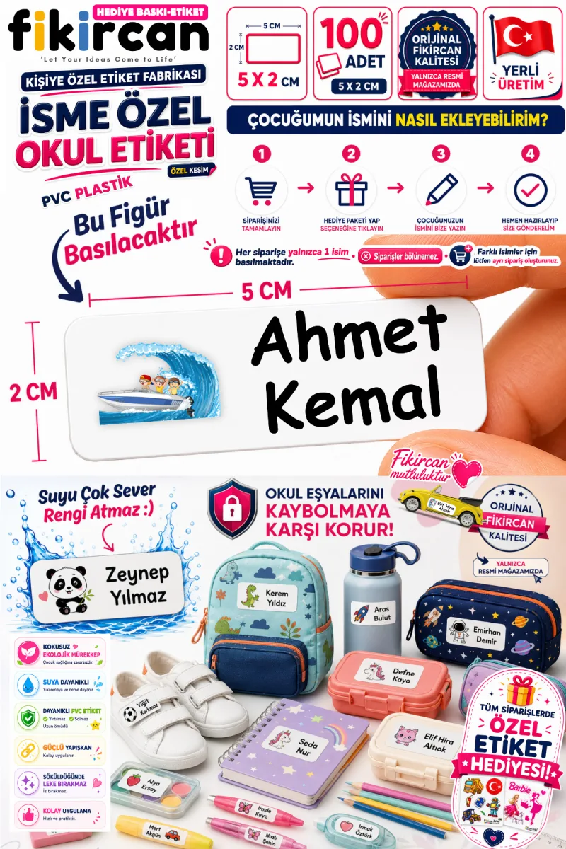 İsme Özel Okul Etiketi - 100 Adet - 5 x 2 cm - PVC Etiket - FİGÜR 23