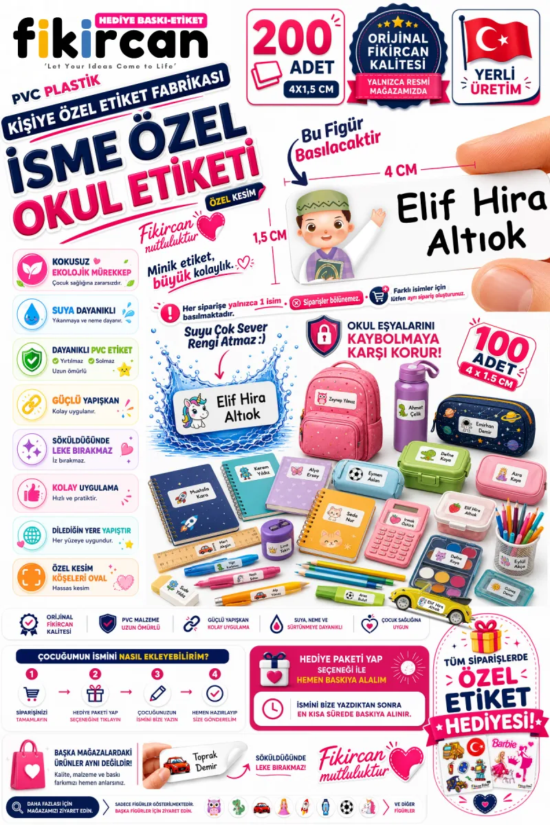 İsme Özel Okul Etiketi - 200 Adet - 1,5 x 4 cm - PVC Etiket - - FİGÜR 139