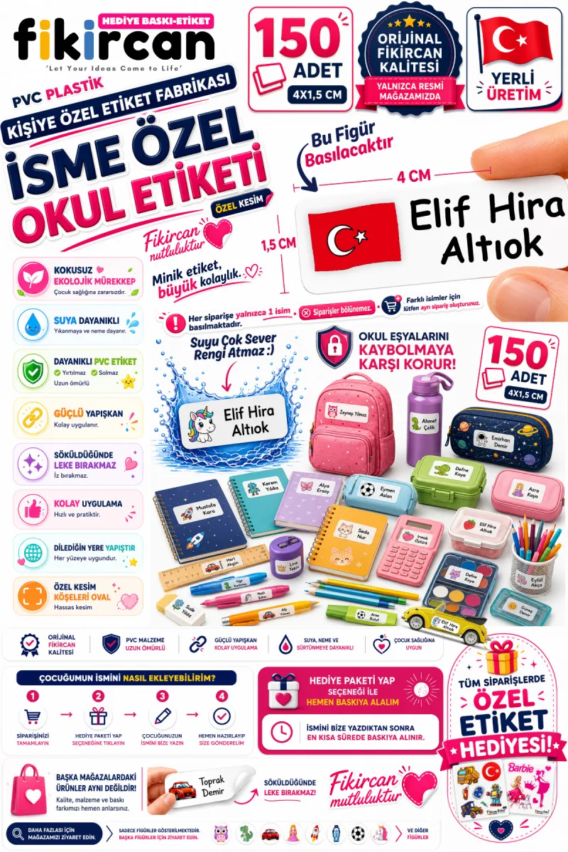 İsme Özel Okul Etiketi - 150 Adet - 1.5 x 4 cm - PVC Etiket - FİGÜR 136