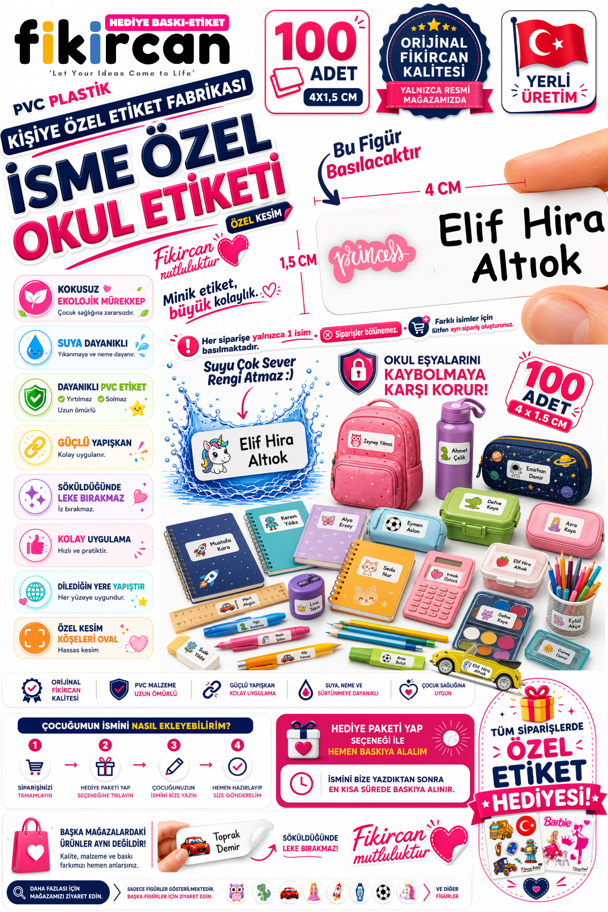 İsme Özel Okul Etiketi - 100 Adet - 1.5 x 4 cm - PVC Etiket - FİGÜR 27