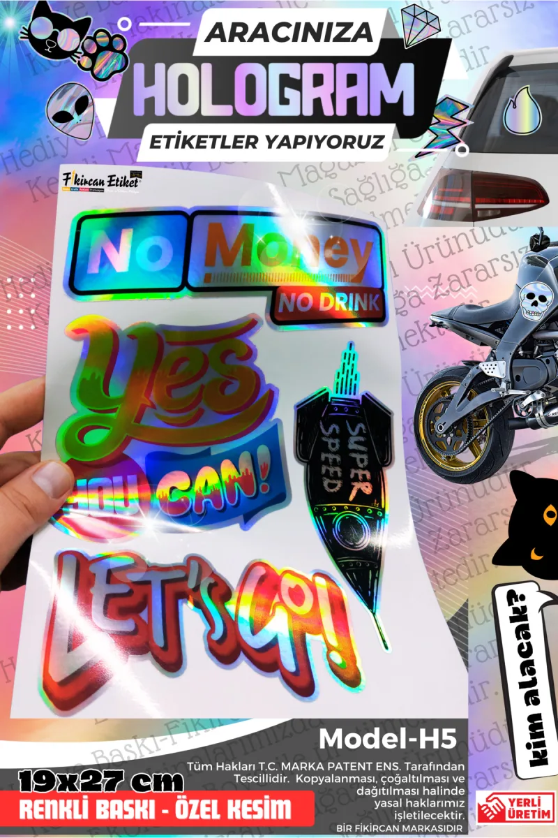 Fikircan-Hologram Etiket- Araba ve Motorsiklet Cam ve Kaporta Uyumlu Renkli Baskı Özel Kesim Sticker — fotoğraf 1