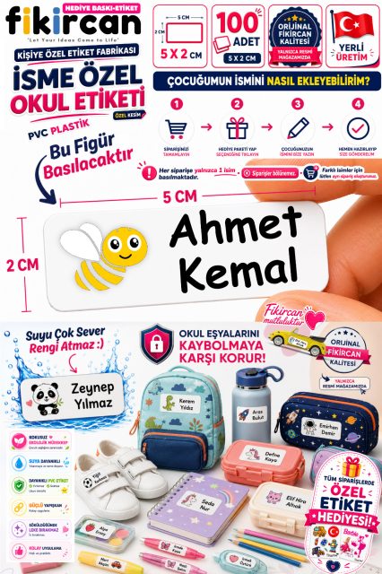 İsme Özel Okul Etiketi - 100 Adet - 5 x 2cm - PVC Etiket - FİGÜR 113