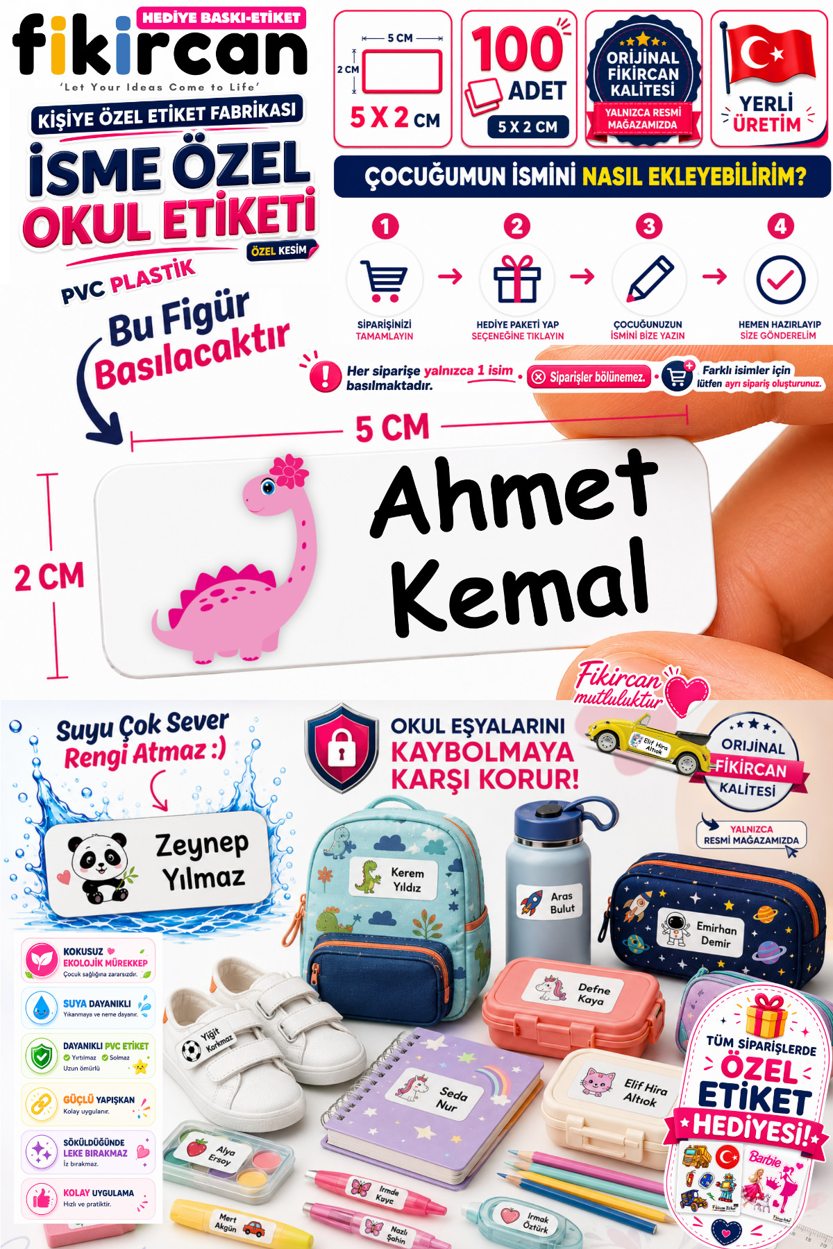 İsme Özel Okul Etiketi - 100 Adet - 5 x 2 cm - PVC Etiket - FİGÜR 71