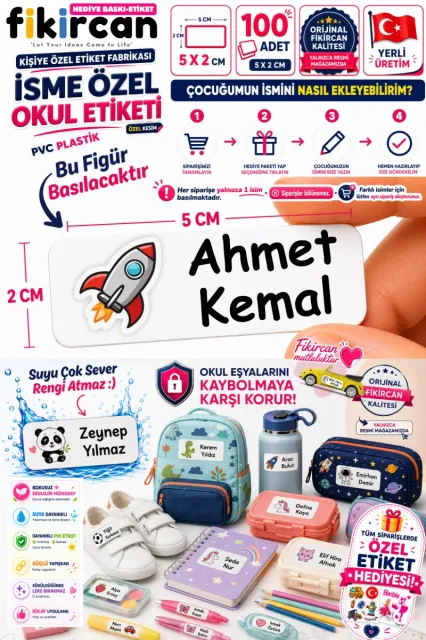 İsme Özel Okul Etiketi - 100 Adet - 5 x 2 cm - PVC Etiket - FİGÜR 13