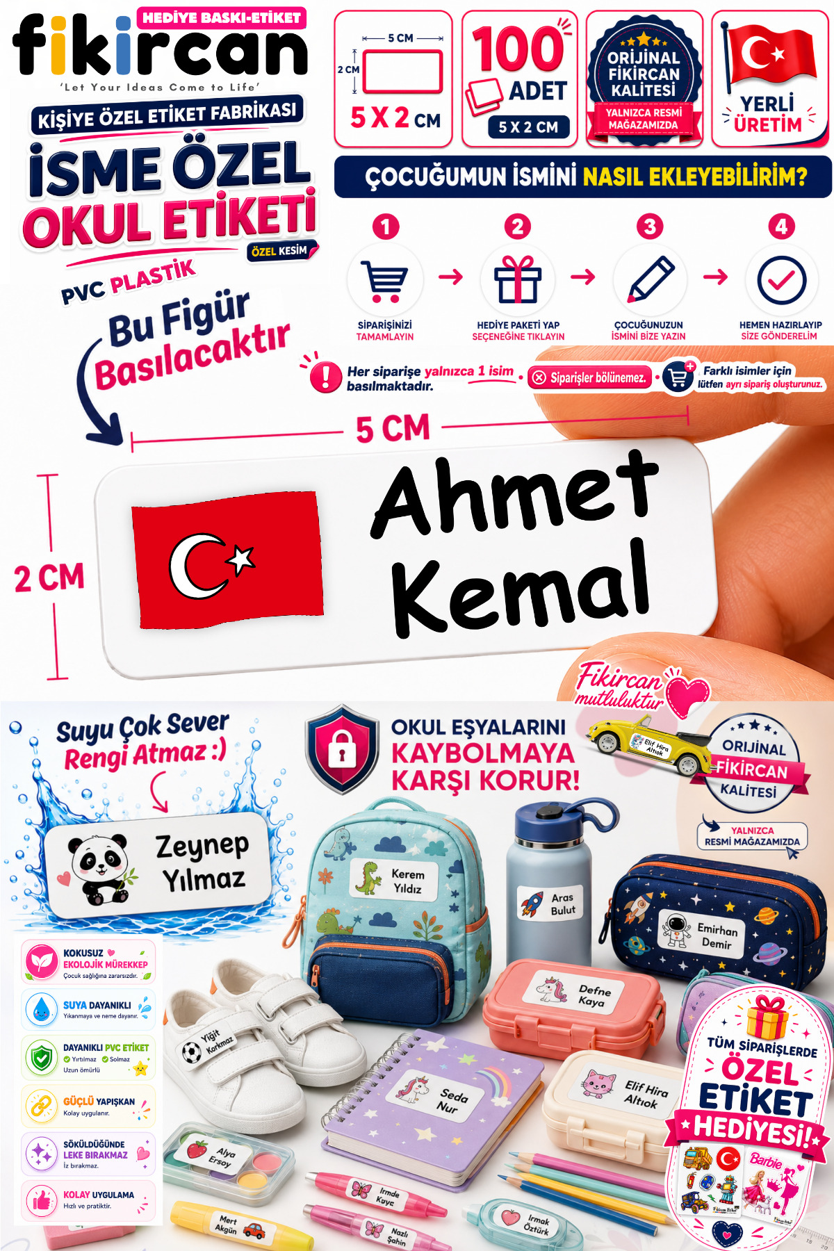 İsme Özel Okul Etiketi - 100 Adet - 5 x 2 cm - PVC Etiket - FİGÜR 136