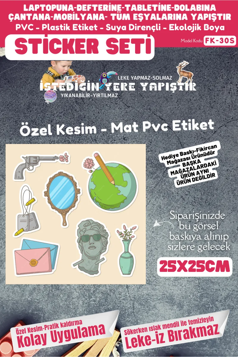 Fikircan Etiket Seti 25x25cm Pvc Sticker -Defter-Laptop-Tablet-Telefon-Dolap-Cam vb Her yere Yapışır — fotoğraf 1