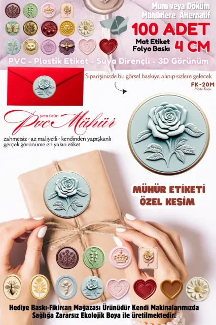 MÜHÜR ETİKETİ 100 Adet Kokusuz Ekolojik Mürekkep PVC ETİKET 4 CM MUM VE DÖKÜM ALTERNATİF
