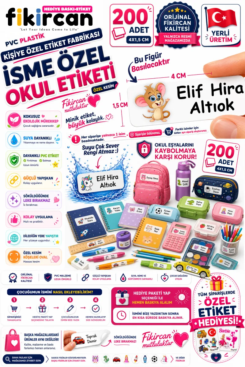 İsme Özel Okul Etiketi - 200 Adet - 1.5 x 4 cm - PVC Etiket - FİGÜR 33 1453260717362