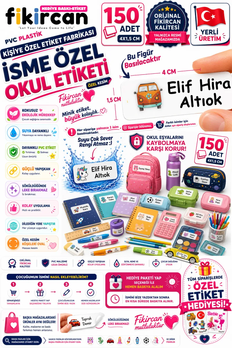 İsme Özel Okul Etiketi - 150 Adet - 1.5 x 4 cm - PVC Etiket - FİGÜR 78