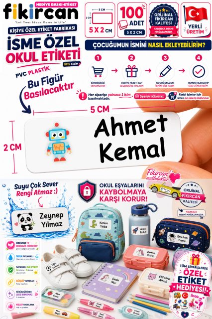 İsme Özel Okul Etiketi - 100 Adet - 5 x 2cm - PVC Etiket - FİGÜR 73