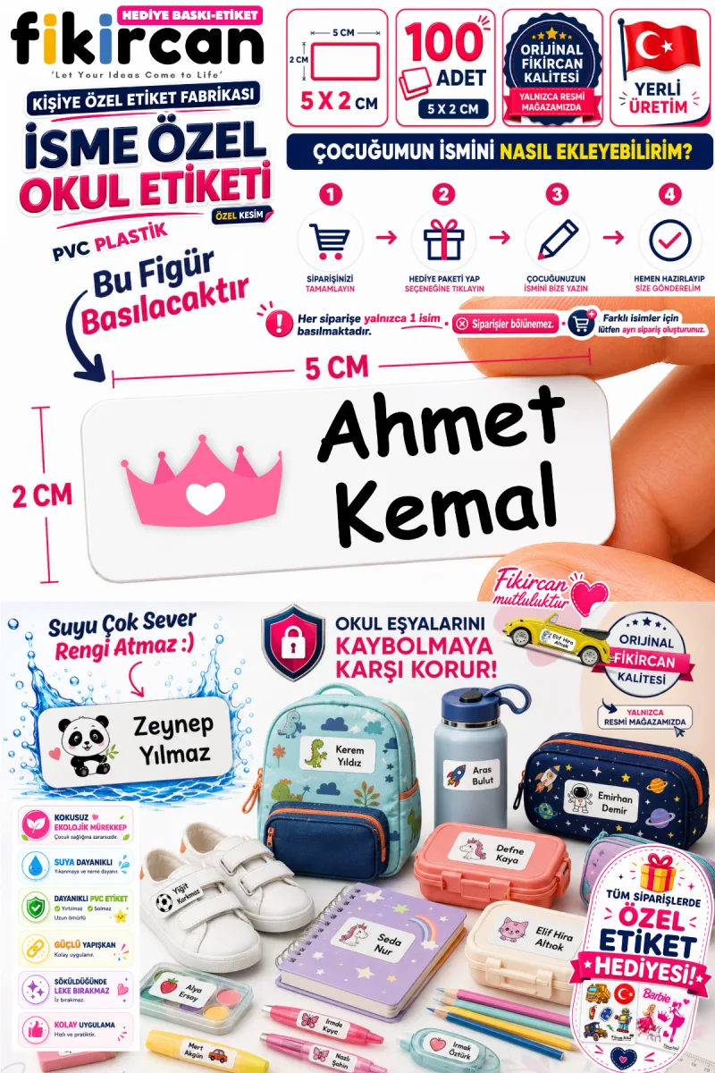 İsme Özel Okul Etiketi - 100 Adet - 5 x 2 cm - PVC Etiket - FİGÜR 25