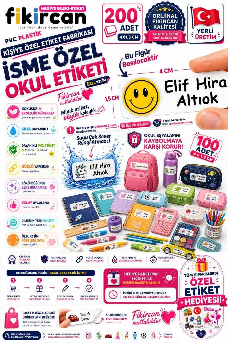 İsme Özel Okul Etiketi - 200 Adet - 1,5 x 4 cm - PVC Etiket - - FİGÜR 30