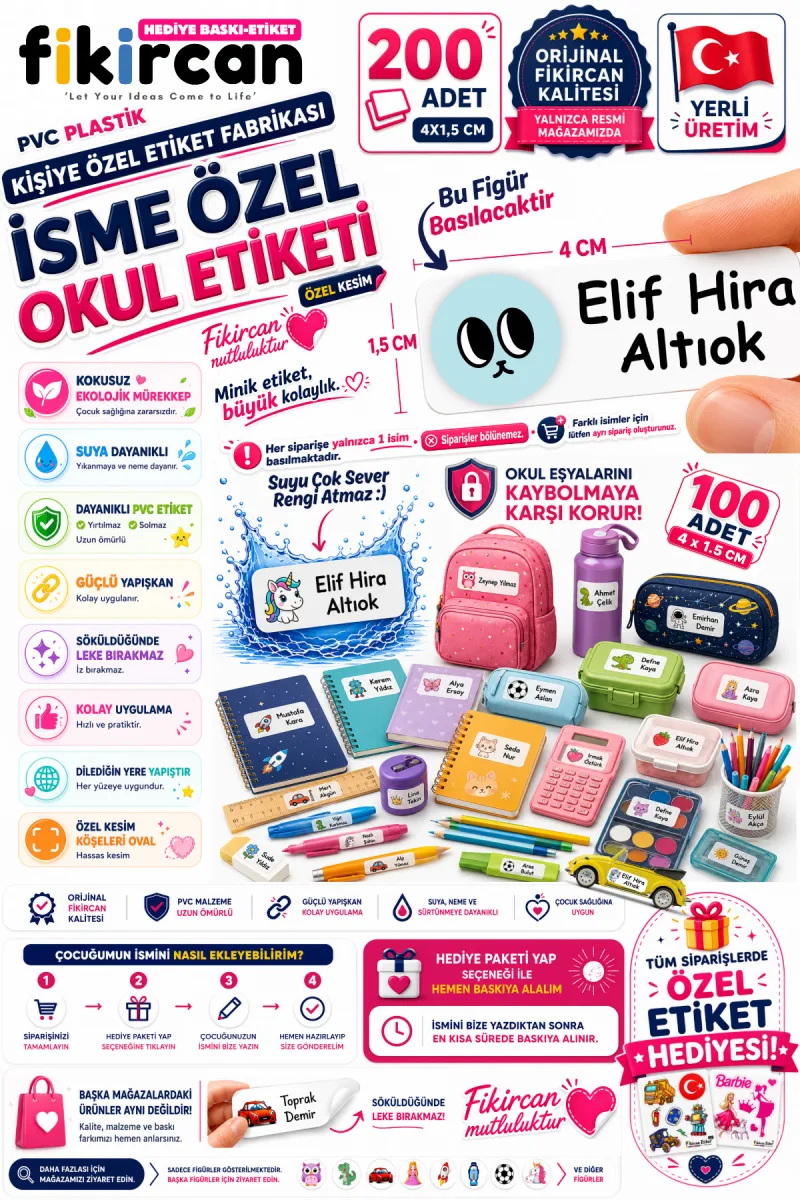 İsme Özel Okul Etiketi - 200 Adet - 1,5 x 4 cm - PVC Etiket - - FİGÜR 35 — fotoğraf 1