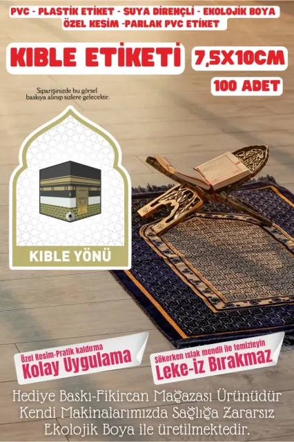 Kıble Yönü Etiket / Sticker / Pvc Yapıştırma Otel Hotel Pansiyon Yurt- 100 Adet 7,5 cm x 10 cm