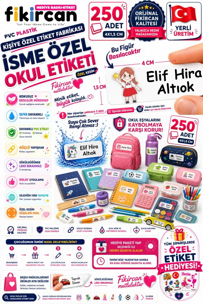 İsme Özel Okul Etiketi - 250 Adet - 1.5 x 4 cm - PVC Etiket - FİGÜR 17