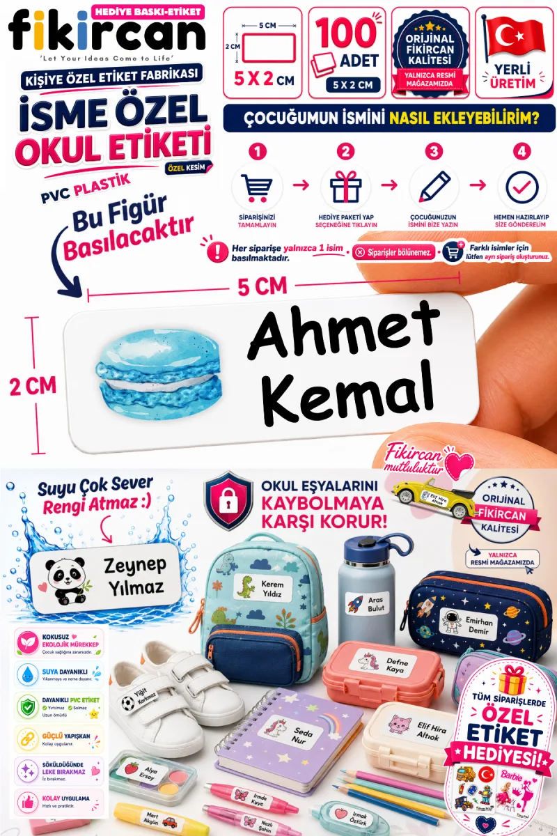 İsme Özel Okul Etiketi - 100 Adet - 5 x 2 cm - PVC Etiket - FİGÜR 41