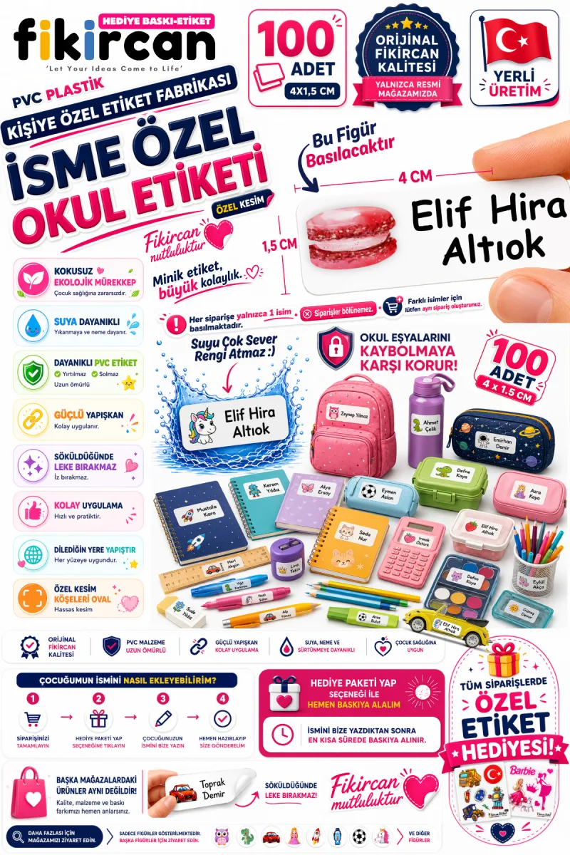 İsme Özel Okul Etiketi - 100 Adet - 1.5 x 4 cm - PVC Etiket - FİGÜR 44 — fotoğraf 1