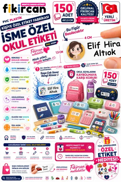 İsme Özel Okul Etiketi - 150 Adet - 1.5 x 4 cm - PVC Etiket - FİGÜR 96