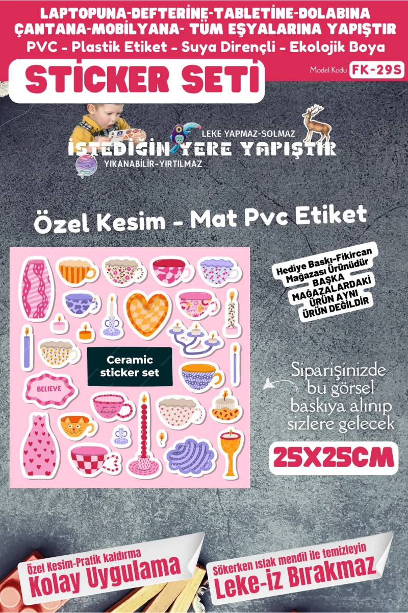 Fikircan Etiket Seti 25x25cm Pvc Sticker -Defter-Laptop-Tablet-Telefon-Dolap-Cam vb Her yere Yapışır — fotoğraf 1