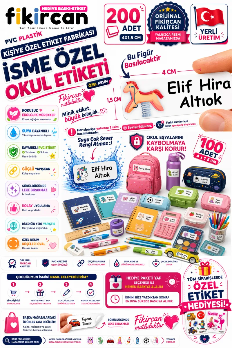 İsme Özel Okul Etiketi - 200 Adet - 1,5 x 4 cm - PVC Etiket - - FİGÜR 42 — fotoğraf 1