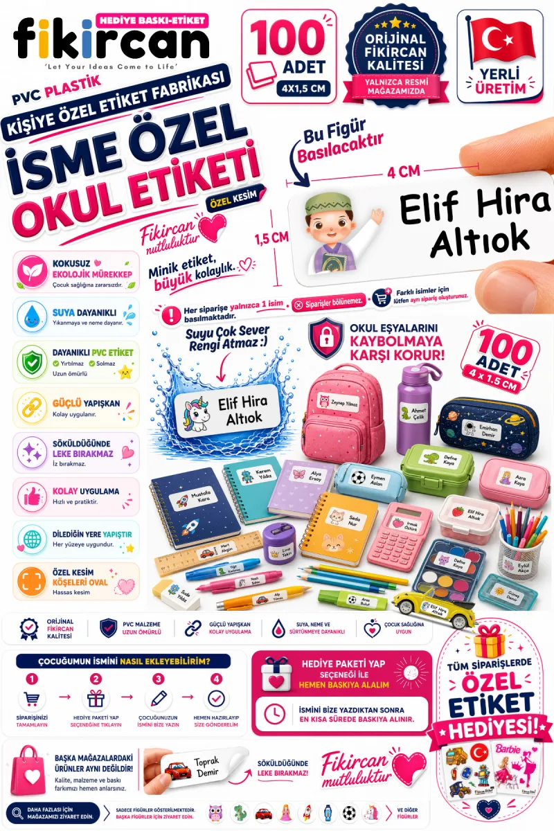 İsme Özel Okul Etiketi - 100 Adet - 1.5 x 4 cm - PVC Etiket - FİGÜR 139