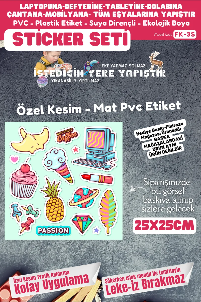 Fikircan Etiket Seti 25x25cm Pvc Sticker -Defter-Laptop-Tablet-Telefon-Dolap-Cam vb Her yere Yapışır — fotoğraf 1