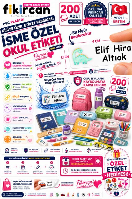İsme Özel Okul Etiketi - 200 Adet - 1.5 x 4 cm - PVC Etiket - FİGÜR 40 1453260718255