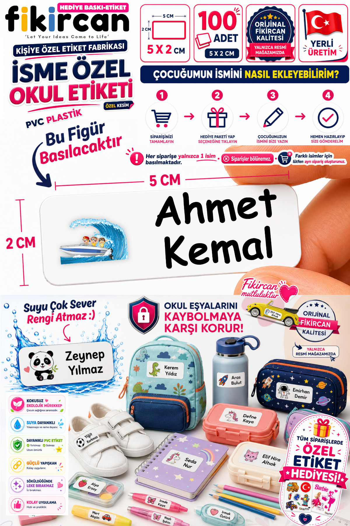 Isme Ozel Okul Etiketi - 100 Adet - 5 x 2 cm - PVC Etiket - FİGÜR 23