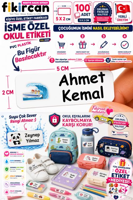 Isme Ozel Okul Etiketi - 100 Adet - 5 x 2 cm - PVC Etiket - FİGÜR 23